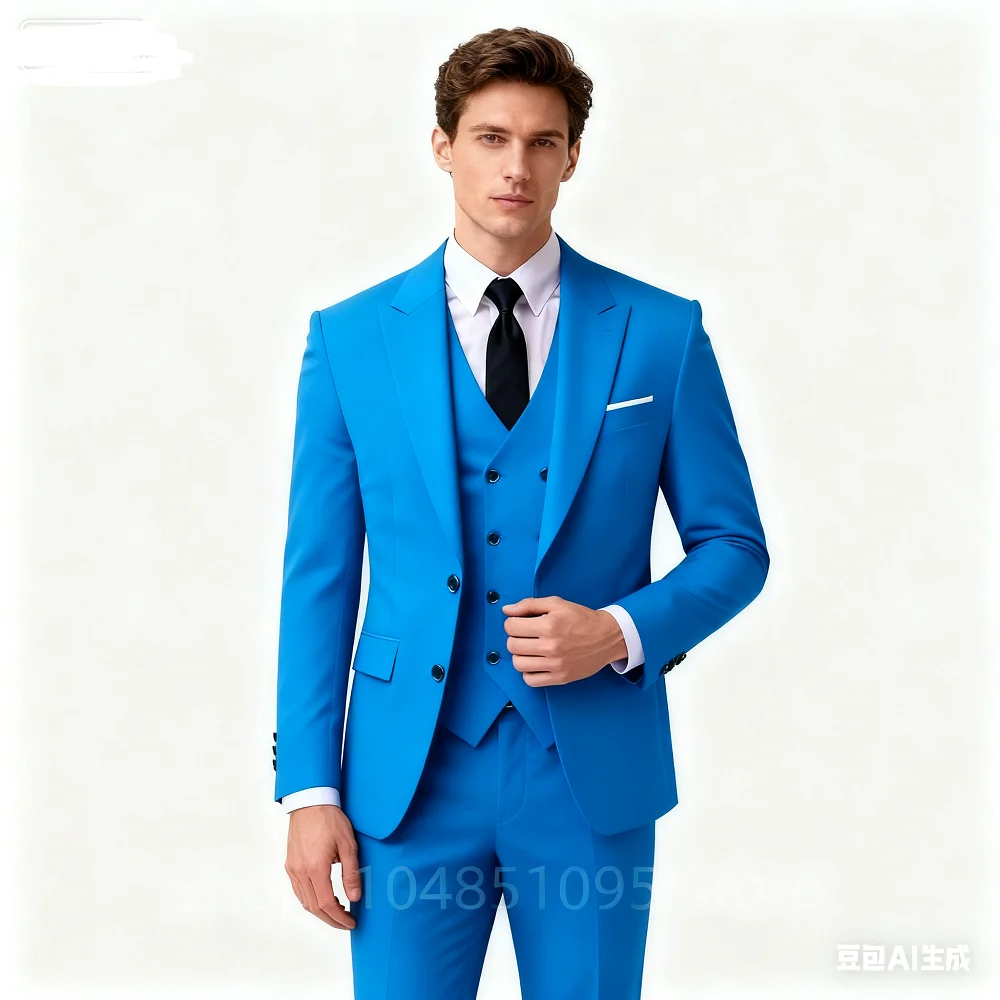 

Elegant Green 3Pcs Wedding Suit for Men Slim Fit Peak Lapel Formal Jacket Vest Pants Tuxedo Set Best Man Groom Male