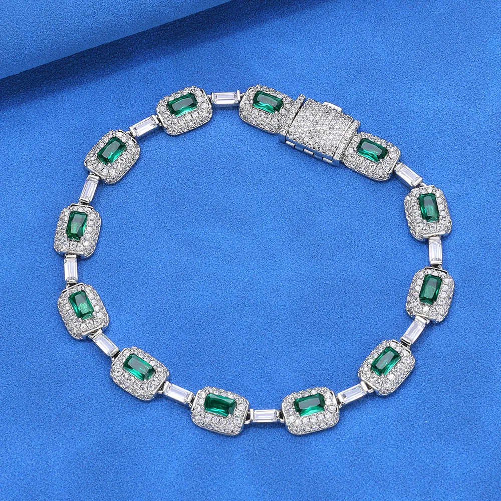 Hip Hop Jewelry Handmade Set Diamond Necklace with Green Square Zircon Sparkling Ice Flower Exquisite Christmas Gift