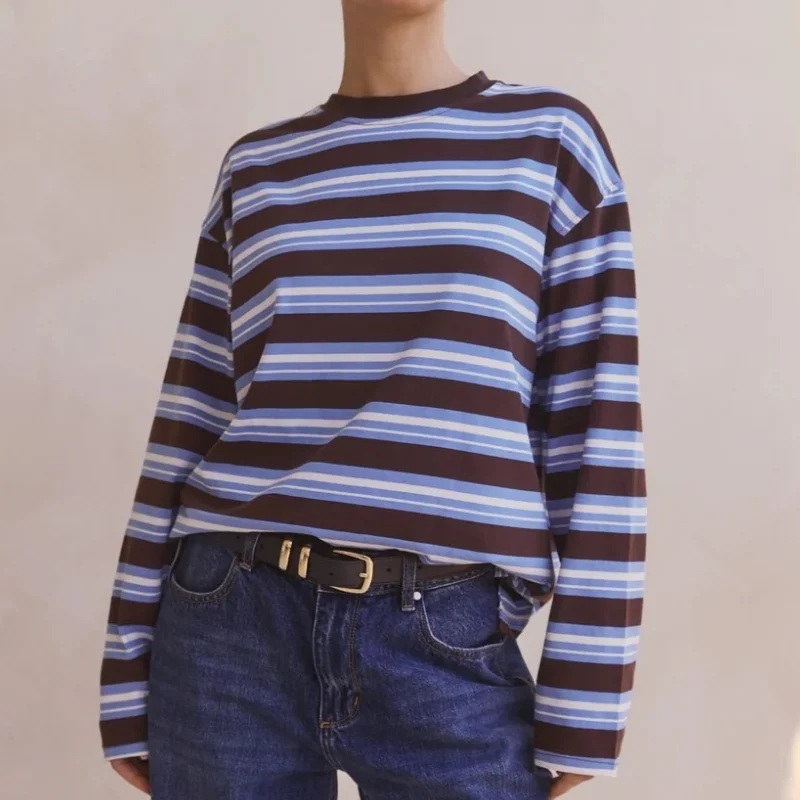 Sudaderas con estampado de rayas a la moda, camisetas clásicas de manga larga, camisas informales para mujer, camisas de otoño de mezcla suave y transpirable