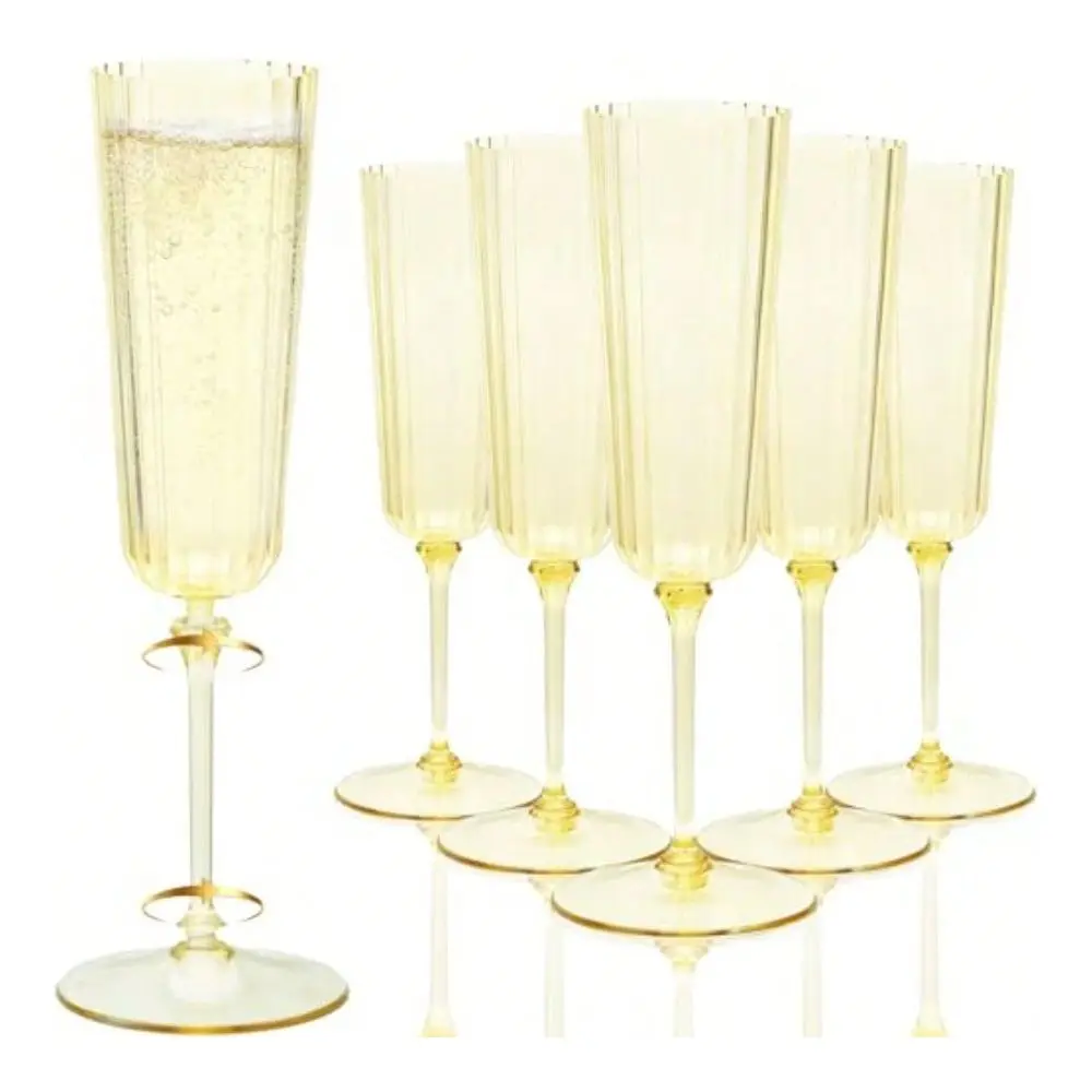 

Pack Golden Champagne Flutes Plastic 6oz Stripe Detachable Acrylic Champagne Glasses Disposable Cocktail Drinking Cups Reusable