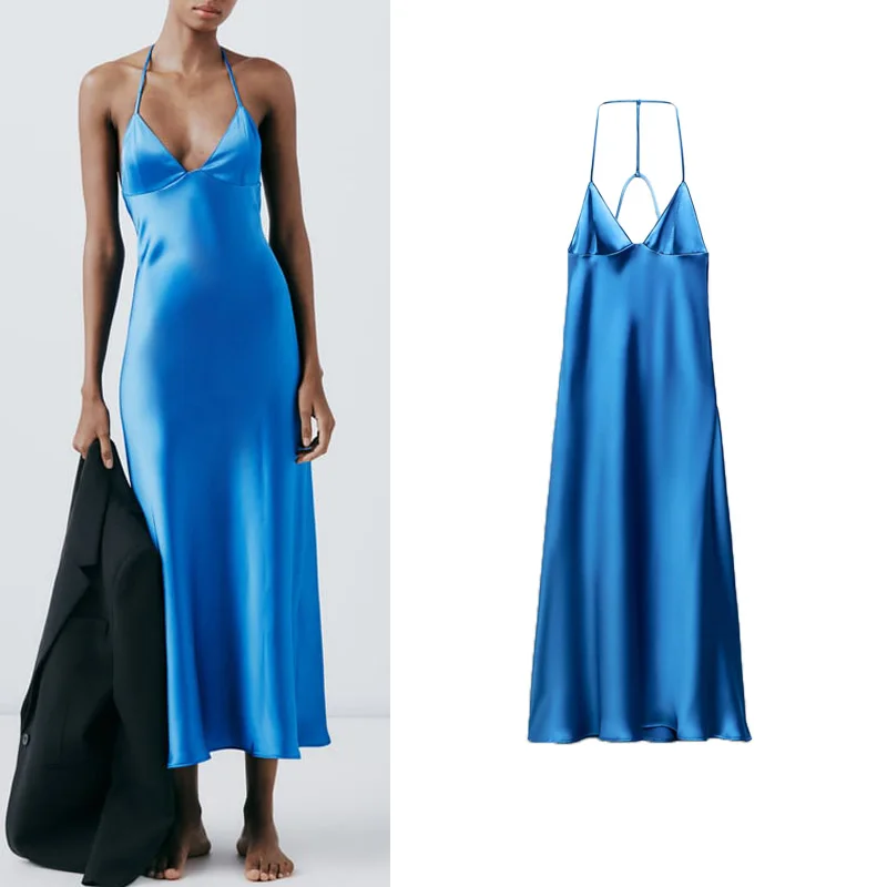 우아하고 섹시한 백 스트랩 새틴 느낌의 드레스, 출퇴근용 하이웨이스트 A라인 롱 스커트, V넥 민소매 폴리에스터 혼방 여름 드레스