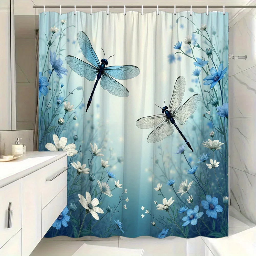 elegant dragonfly shower curtain with blue flowers and flying insects for serene Waterproof shower curtain Free Hooks Included