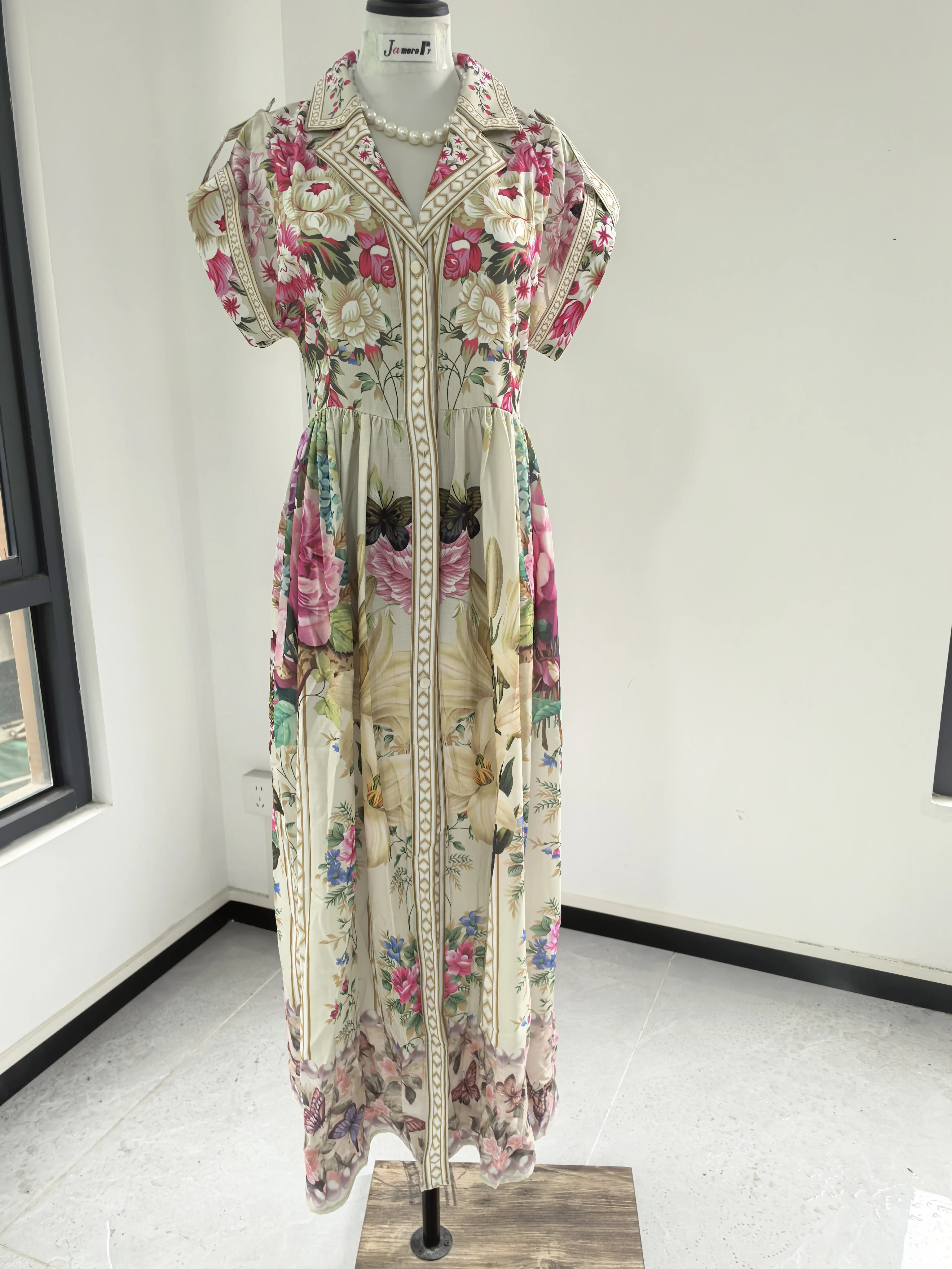 Elegant Summer Bohemian Floal Maxi Dress Shirt Women Palace Suit Collar Short Sleeve Print Bird Holiday Beach Long Dresses Belt