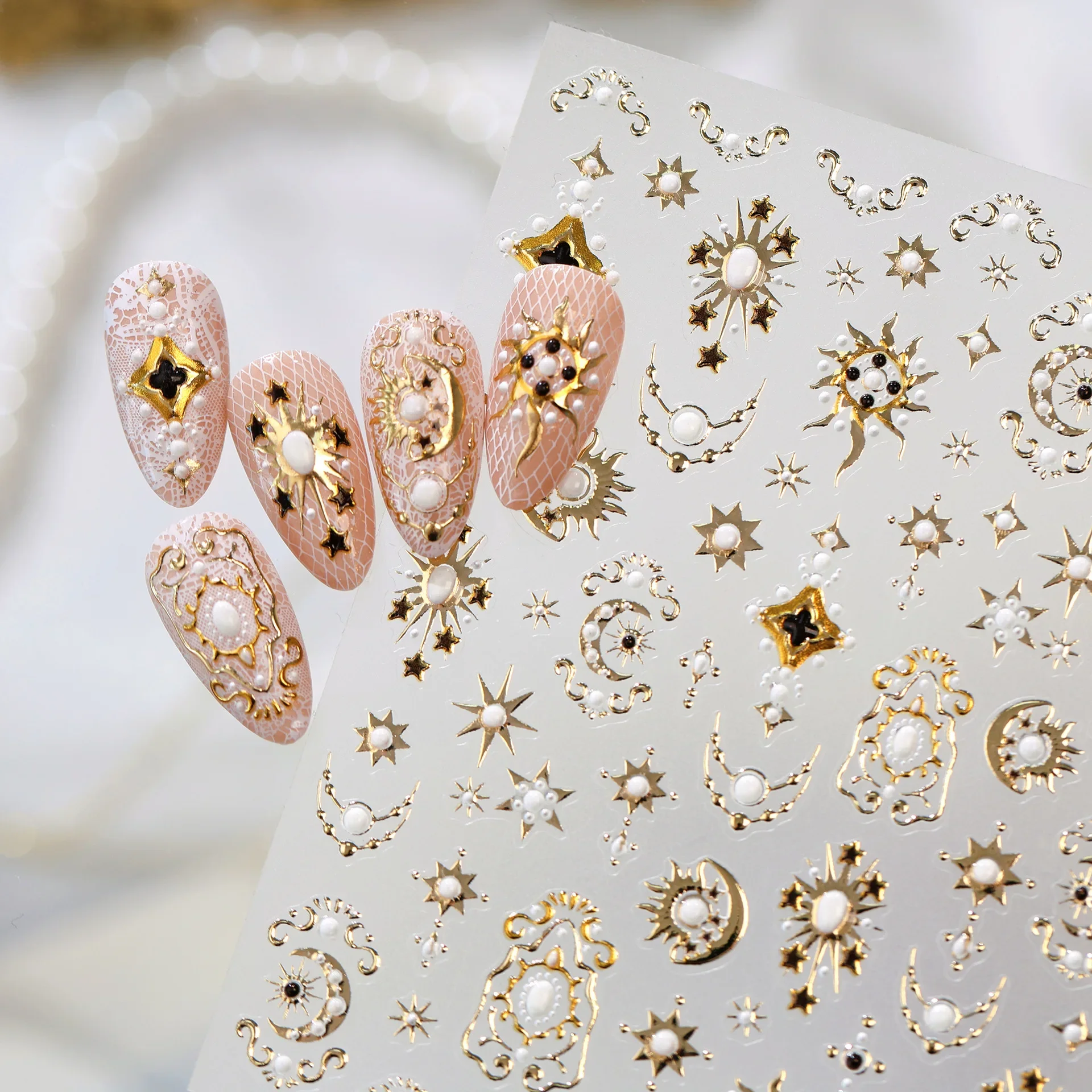Luxury Palace Octagram Star Crescent Moon Pearl 5D Nail Stickers Gilded Baroque Nail Decals Self Adhesive for Women Girls DIY