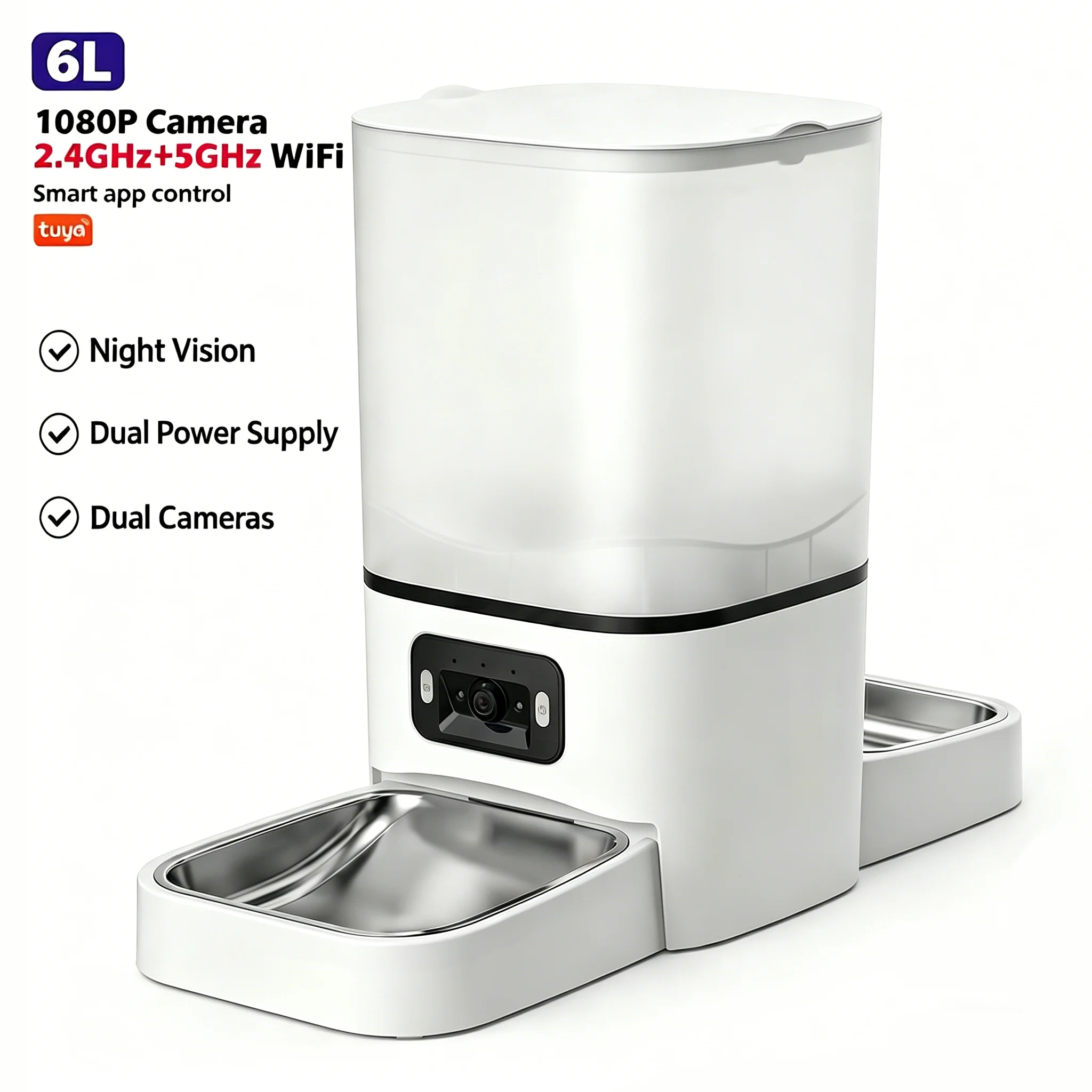 Distributeur automatique de nourriture pour chat à double bol 6L, distributeur intelligent pour animaux de compagnie contrôlé par application Tuya avec caméra de vision nocturne HD 1080P, compatible 2.4G/5G