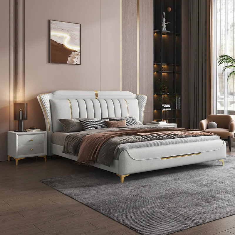 Luxury Soft Queen Size Solid Wood Frame Modern Bedroom Furniture Up-holstered Princess Leather Double Beds