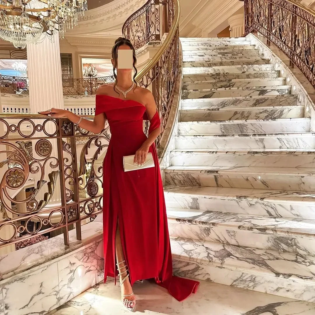 Evening Dress Elegant A-Line Red Long Prom Dress Pleated Off The Shoulder High Side Slit Party Dress Gowns Saudi Arabia