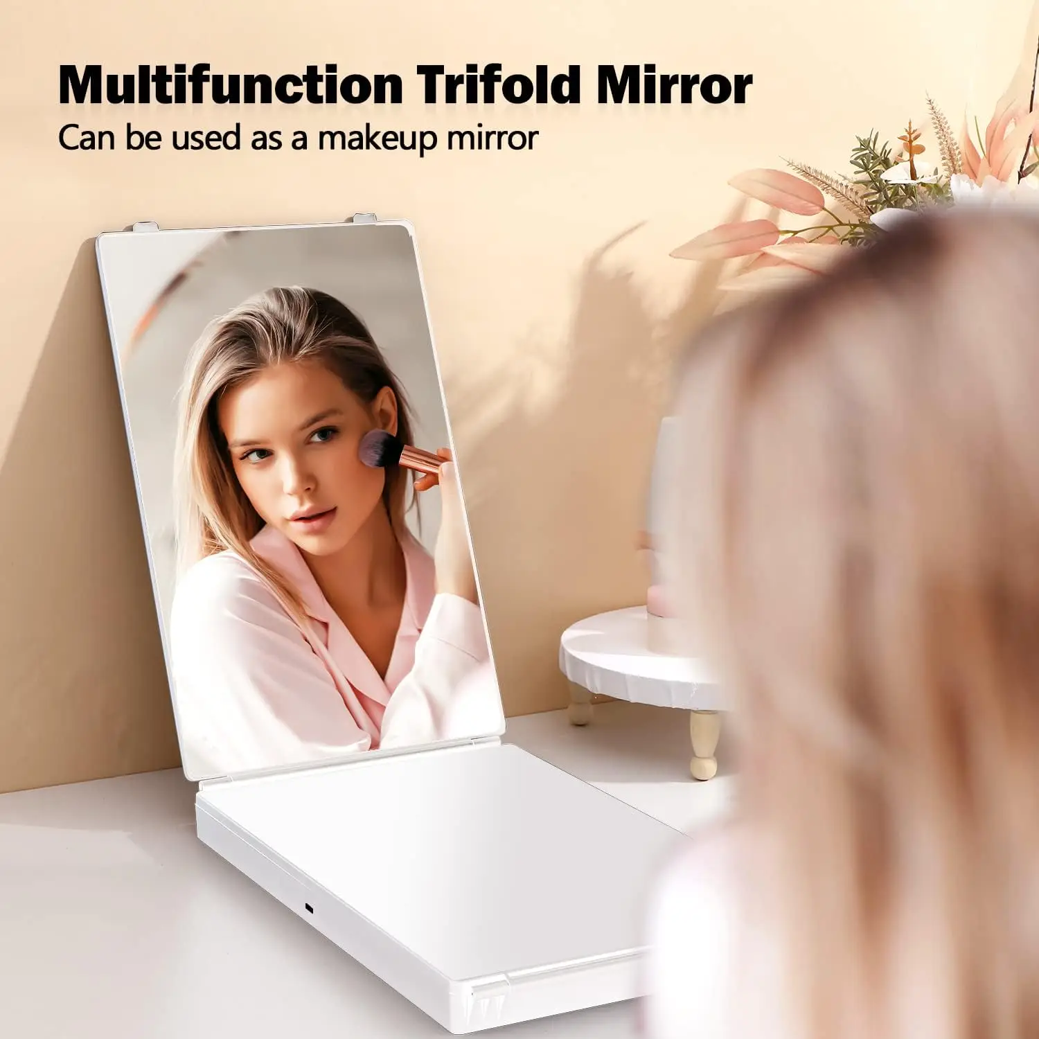 LED 3 Way Compact Cosmetic Mirror with 10X Magnification for Self Hair Cutting Trifold Vanity Makeup Mirror with Light and Hooks