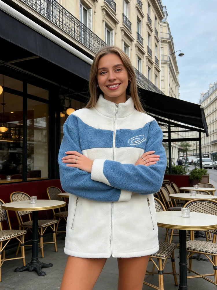 

Couple Hoodie Cardigan Loose Contrasting Color Slimming Lamb Fleece Jacket Men Women Winter Comfortable Cozy Outerwear