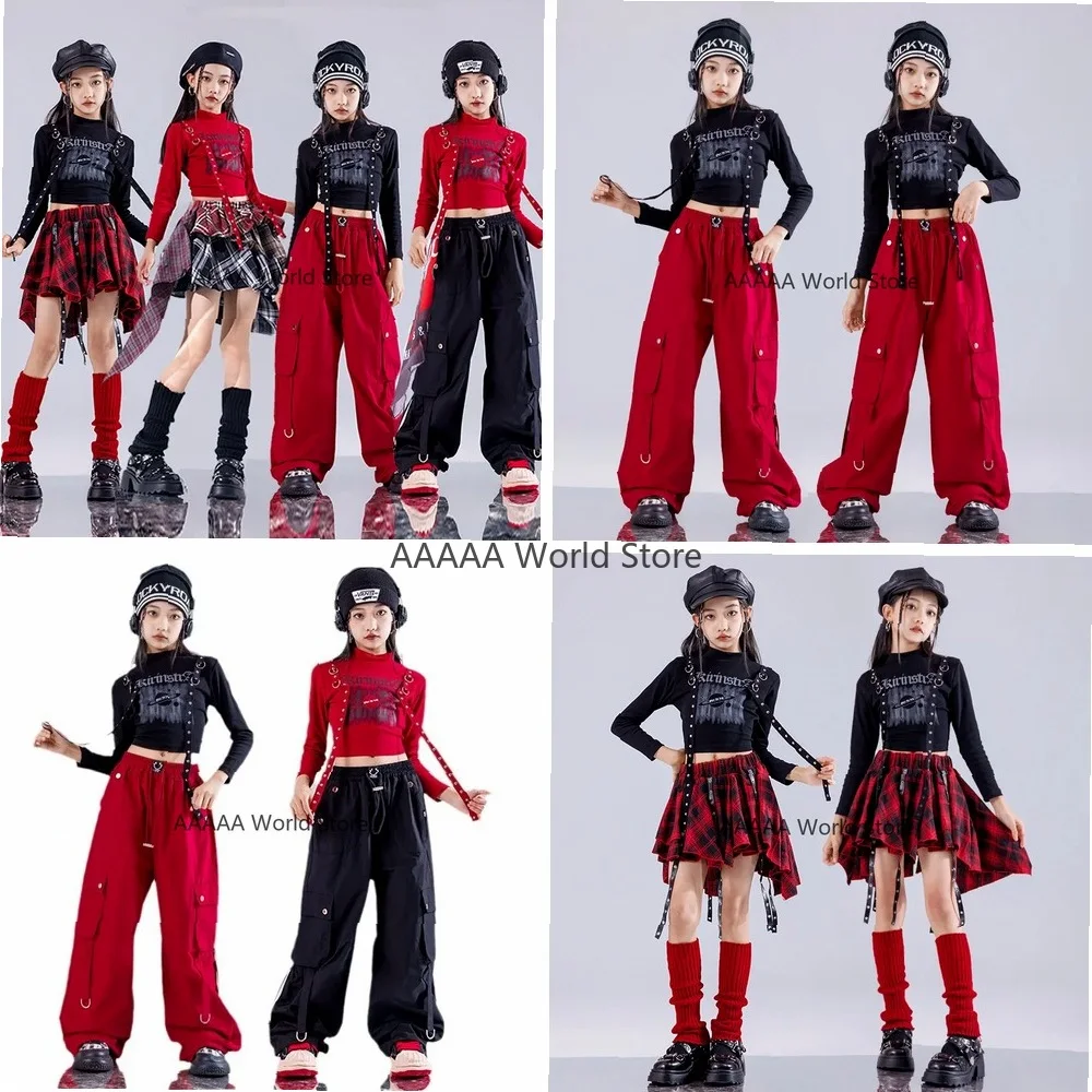 

Cosplay Hip Hop Dance Costume for Girls Distressed Crop Top and Cargo Pants with Pleated Skirt Strap