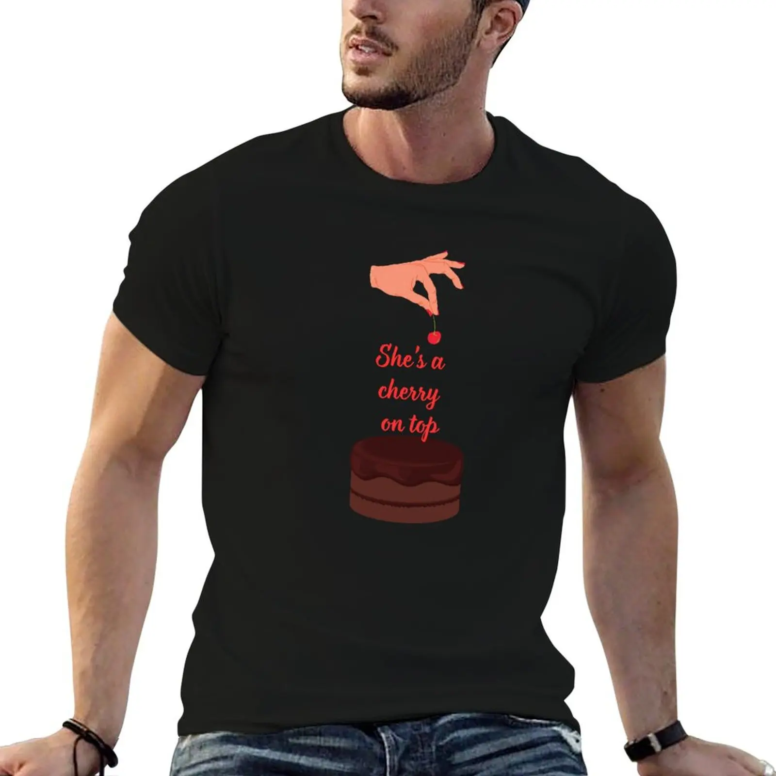 

“She’s a cherry on top” design with cherry and cake T-Shirt t shirts for man cotton t shirt man luxury T-Shirt