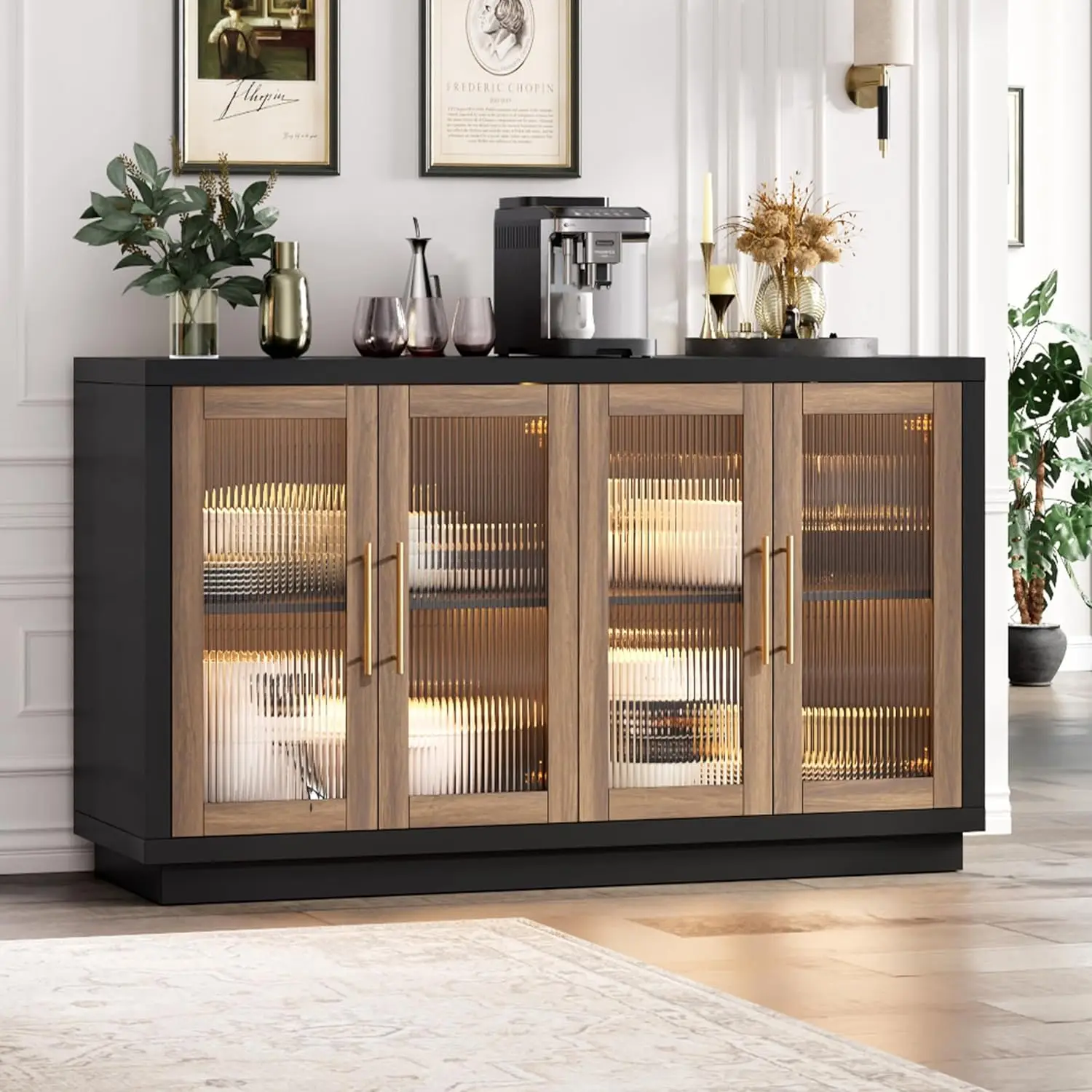 

55.1" Large Sideboard Wood Coffee Buffet Cabine Table with storage, Modern Sideboard Kitchen Cabinet with 4 Fluted Glass Doors