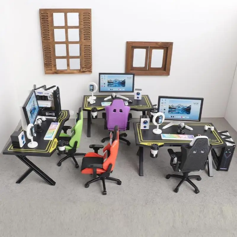 【M】Mini Gaming Desk Chair Set Dollhouse Computer Table Monitor Host Model Dollhouse Realistic DIY Furniture Collectible Toy Gift