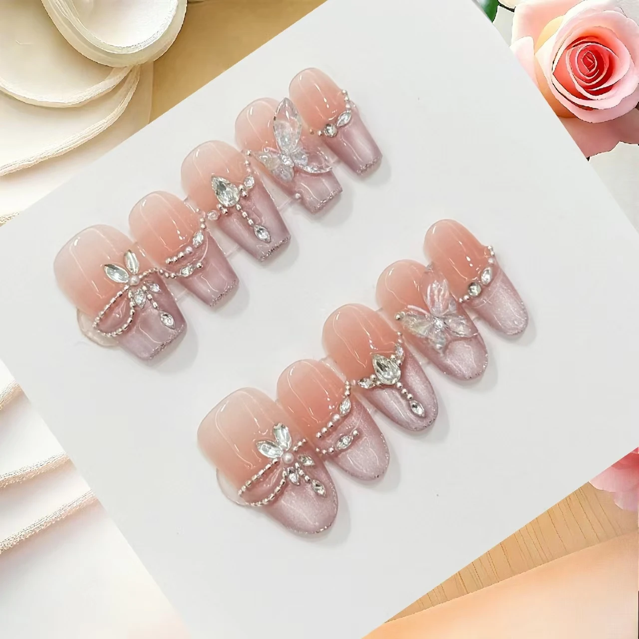 

10 шт. «Фея-бабочка» — кристально прозрачный сверкающий кошачий глаз-бабочка, крутой элегантный стиль, нажимные ногти ручной работы с инструментами из 4 шт.