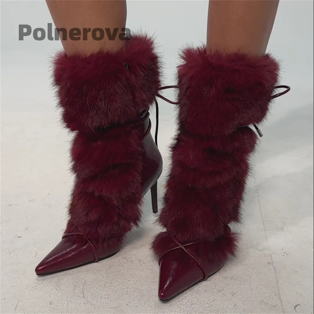 Faux Fur Strappy Mid Calf Boots for Women Pointed Toe Thin High Heels Side Zip Leather Wrap Straps Fashion Winter Party Shoes