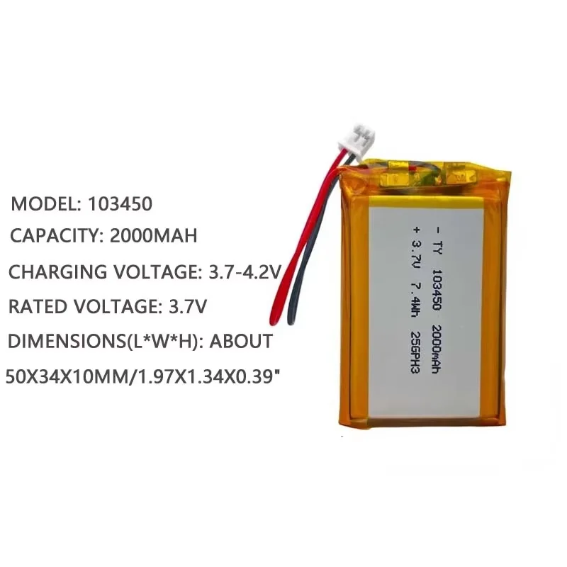 100% real capacity 3.7V 103450 2000mAh Rechargeable Polymer Lithium Battery,for Cameras, GPS, Bluetooth Speakers，PS4 controller