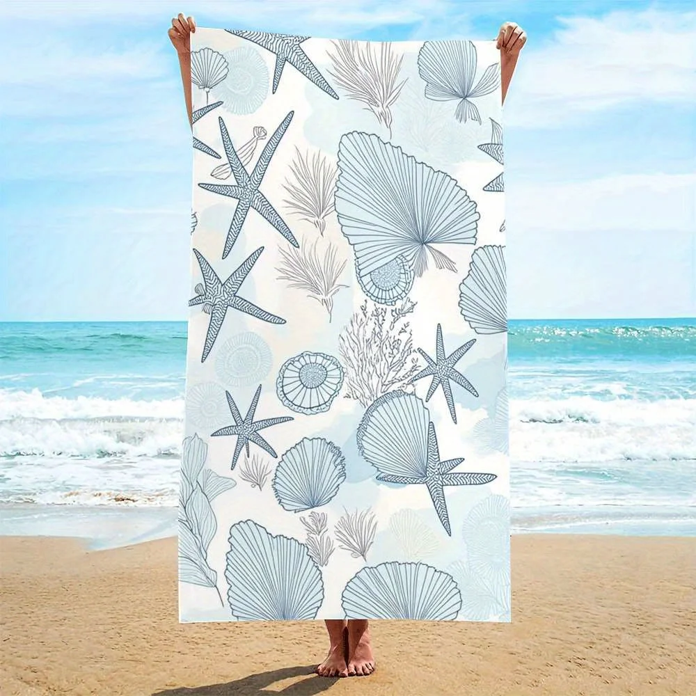 Seashell and starfish patterned bath towel, polyester fabric, machine washable, suitable for pool and travel - sand resistant.