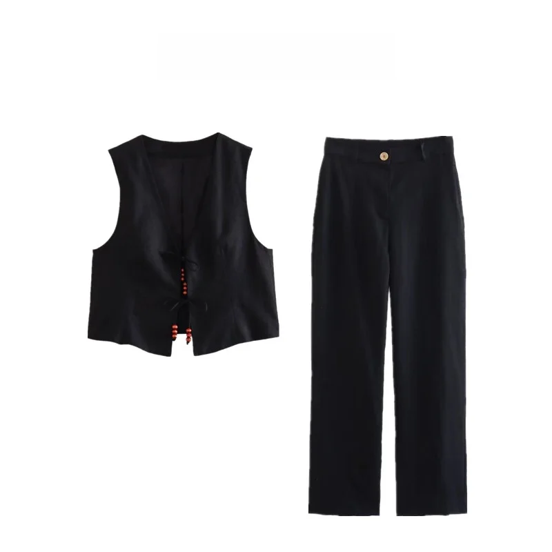 Ceco de lino con cuello en V y cuentas para mujer, joyería Retro de moda de verano, orme de estudiante de tela de poli...