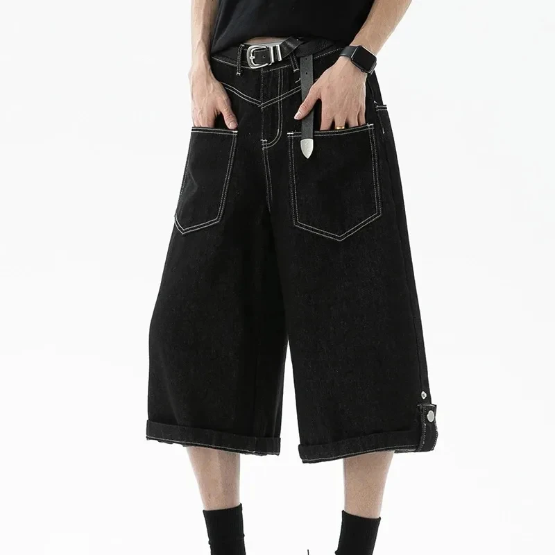 Summer Twoway Hem Buckle Raw Men's Denim Shorts American Style Cropped Knee Length Jeans 2026 New Wide Led Bottoms