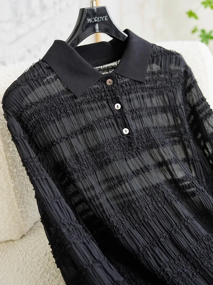 

Elegant Black Shirt Collar See-through Heavy Work Wood Grain Pleated Women's Business Casual Long Sleeve Top