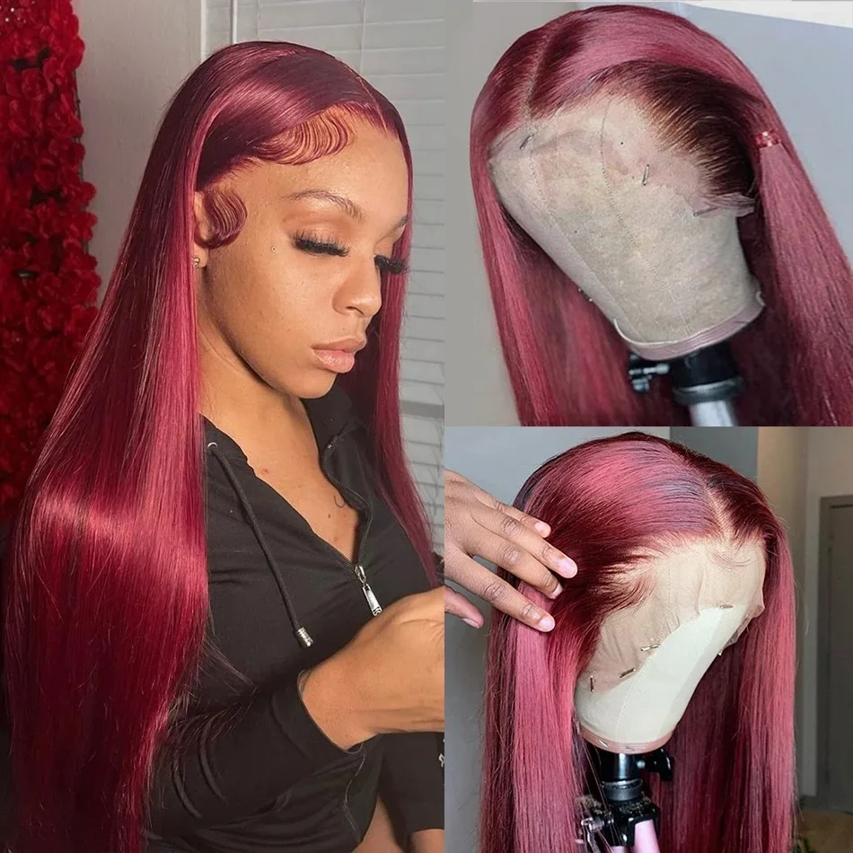 99J Burgundy Straight Lace Front Wigs Pre Plucked 30 Inch Transparent 13x4 13x6 Colored  Lace Frontal Human Hair Wig For Women