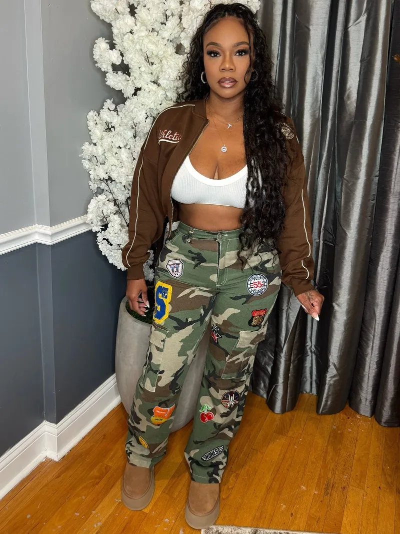 

Women Fashion Letter Embroidery Fleece Bomber Jackets Stand Collar Long Sleeve Zip-up Sweatshirt Coat Casual Streetwer Outerwear