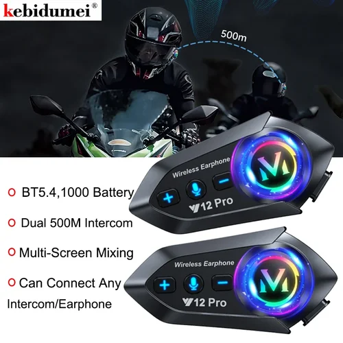 Imagen 1 del producto Intercomunicador para casco de motocicleta 1/2x Y12 Pro V5.4, Kit de llamadas manos libres de 500M para Intercomunicador de 2 conductores, Interfono para Moto, compartir música