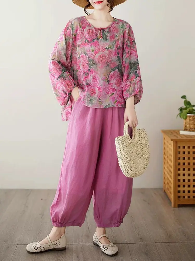 

Elegant Chinese Style round Neck Short Sleeve Shirt Rose Print Thin Material Summer New Fashion Women's Shirt Classy Top
