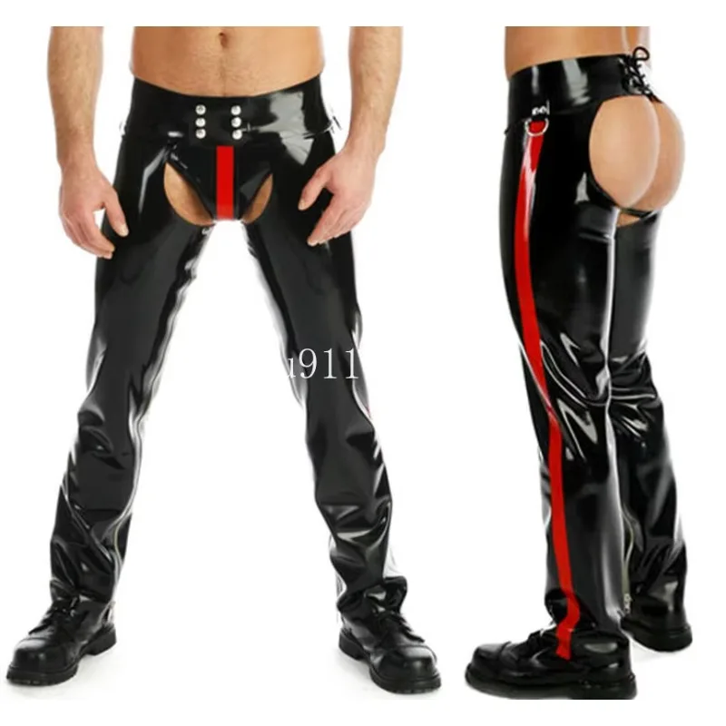 Black with Red Trims Sexy Latex Man Pants with Briefs Handmade Men Trousers Cosplay Costume