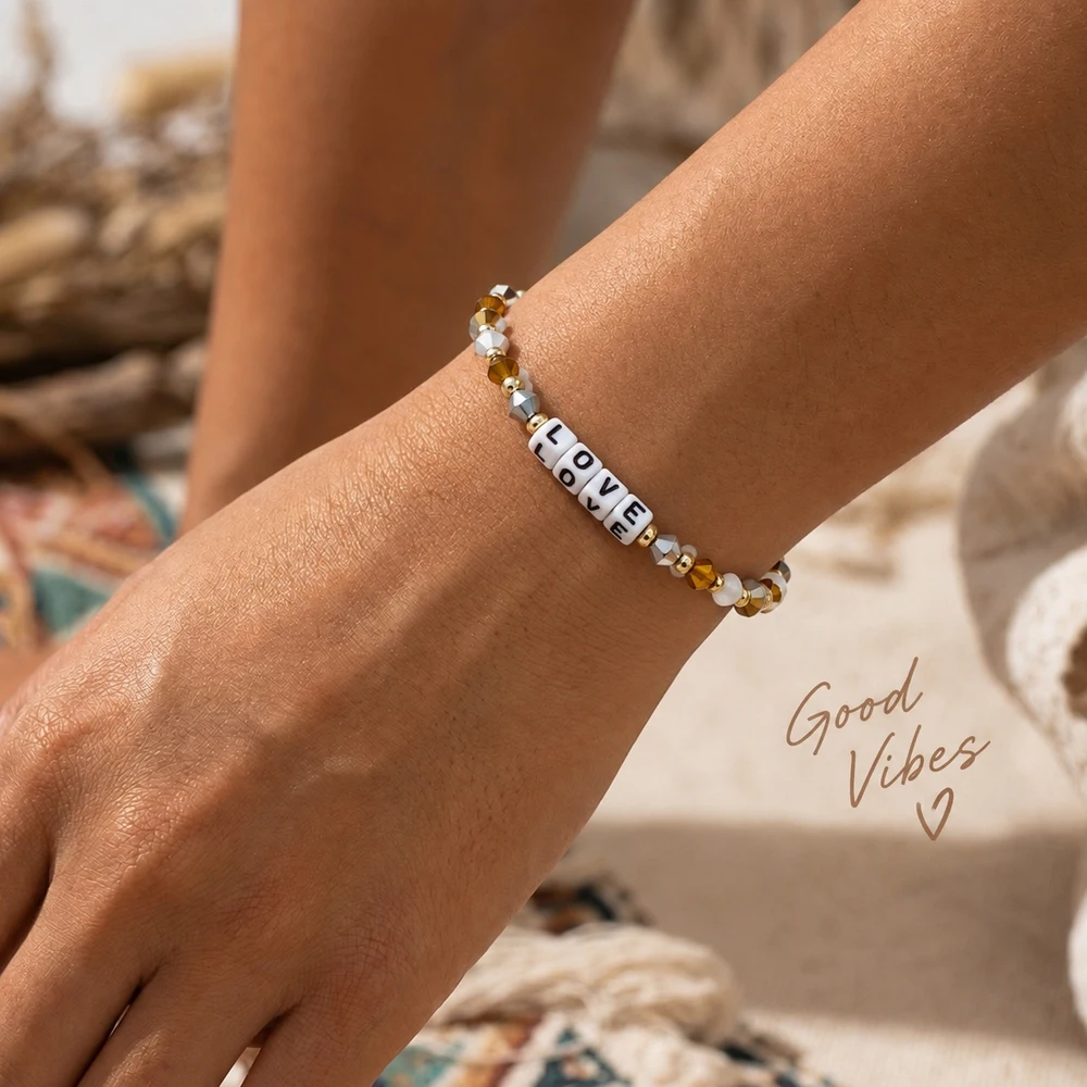 1pc LOVE Letter Beaded Strand Bracelet with Alternating Gold and Silver Faceted Beads for Women Trendy Minimalist Style