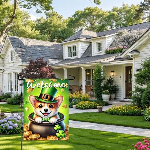 Corgi Garden Flag 12 x 18 in Double Sided Polyester Pot of Gold Decor YYZ