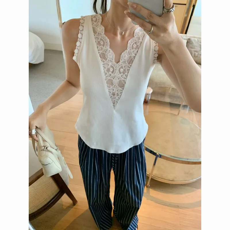 Stacked V-Neck Lace Vest 2026 Lace Autumn New French Slim Bottom Suspender Sexy Sleeveless Top
