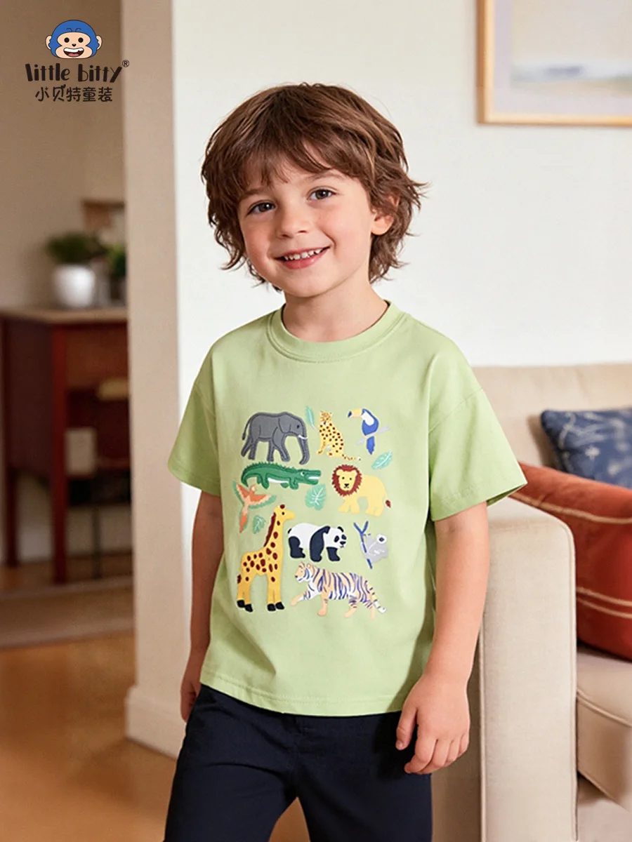 

Cartoon Animal Print Crew Neck Shirt for Boys Summer 3-8 Children's Ready-to-Ship Clothing Baby T-shirt