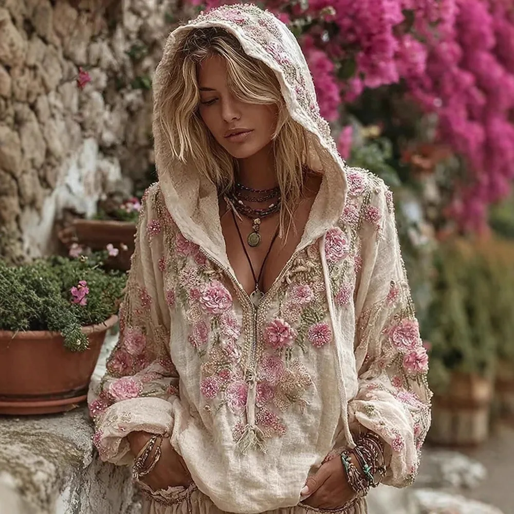 المألوف مقنعين سستة البلوزات المطبوعة المرأة طويلة الأكمام فضفاضة تنوعا الخريف والشتاء البلوز هيربست دامن كليدينغ #5