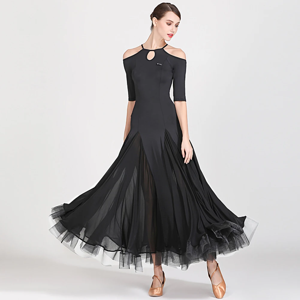 Vestido de valsa moderno, saia espinha de peixe, preto, vestidos de dança padrão para valsa, vermelho, gola redonda, elegante, meia manga, ombro aberto, palco