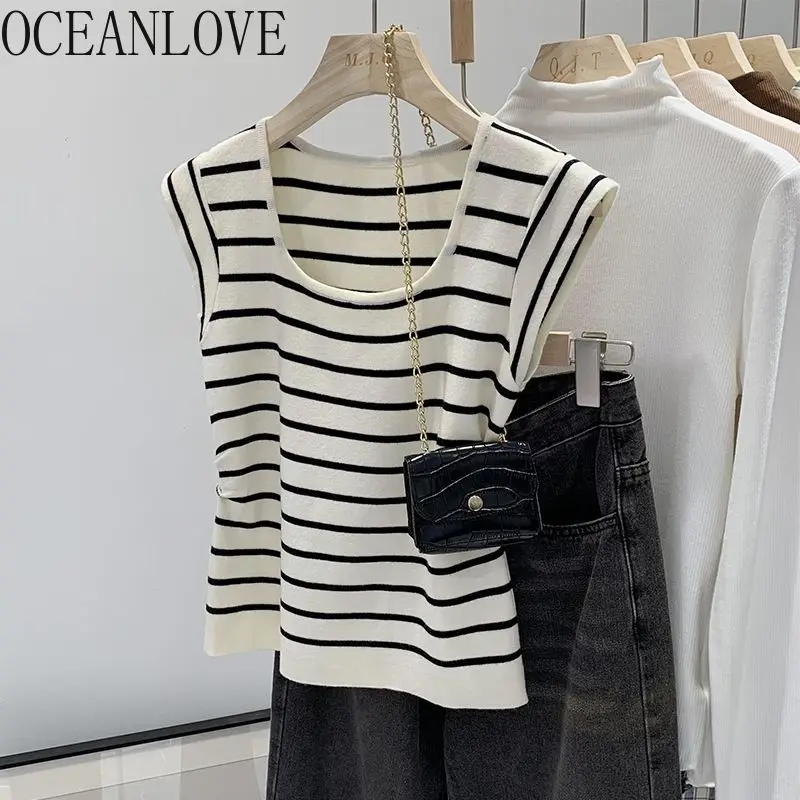 

OCEANLOVE Sweet Knitted T Shirt for Women Stripes Square Neck Korean Fashion T-shirts Spring Summer Basics Simple Ropa De Mujer