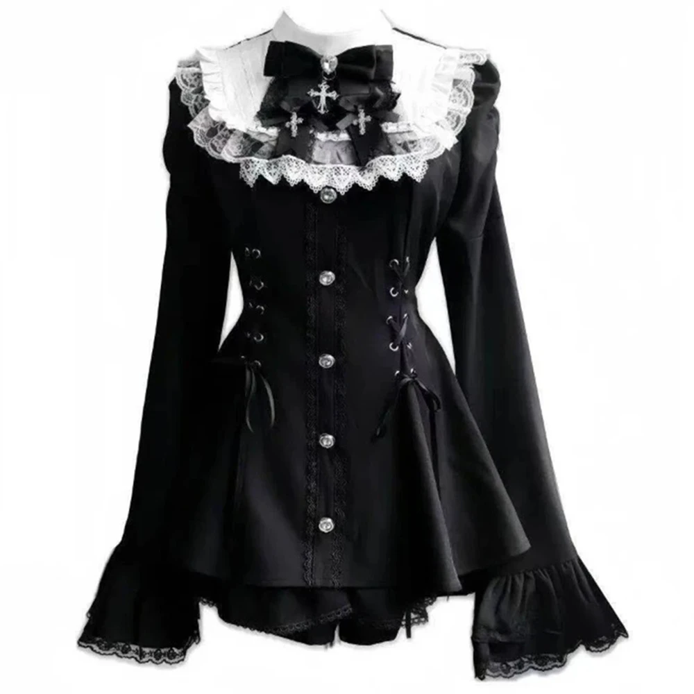 

Womens Y2K Aesthetic Lolita Bow Dress Shorts Set Japanese Gothic Lace Flare Sleeve Button Shirt Dress Punk Party Mini Dress