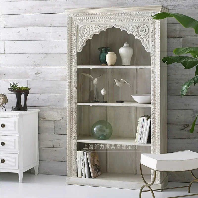 GZ-3  American Country Old Solid Wood Carving Flower Retro Multi-layer Display Bookcase Shelf
