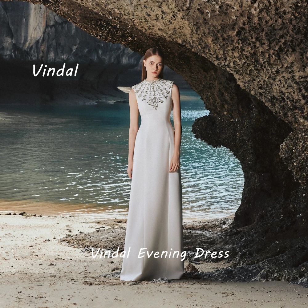 Vindal Crepe Floor length O-Neck luxurious Sexy Straight Fashion Beaded Breast Padding Elegant Sleeveless السعود For Woman 2024