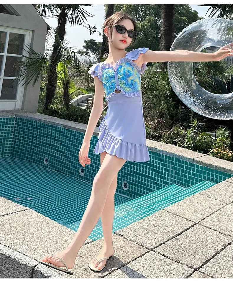 Girls Short Sleeved One-piece Swimsuit Skirt Style with Safety Pants Anti Glare Three-dimensional Swimsuit for Girls