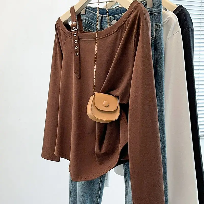 

High Street Off Shoulder Plus Size All-match Tops Women Clothing Spring Autumn Long Sleeve Casual T Shirts Fashion Lazy Style