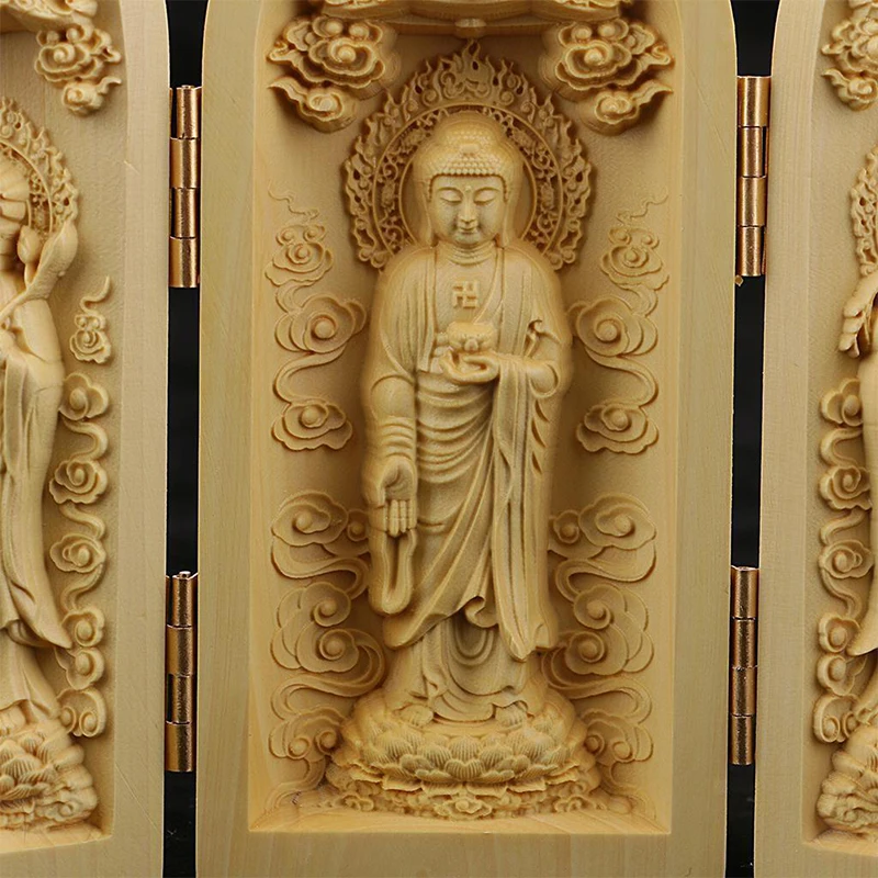 Tibet Buddhism Boxwood Kwan-yin Shakyamuni GuanYin 3 God Buddha Statue Box Folding Buddha Statue Box Home Temple Decor Ornament