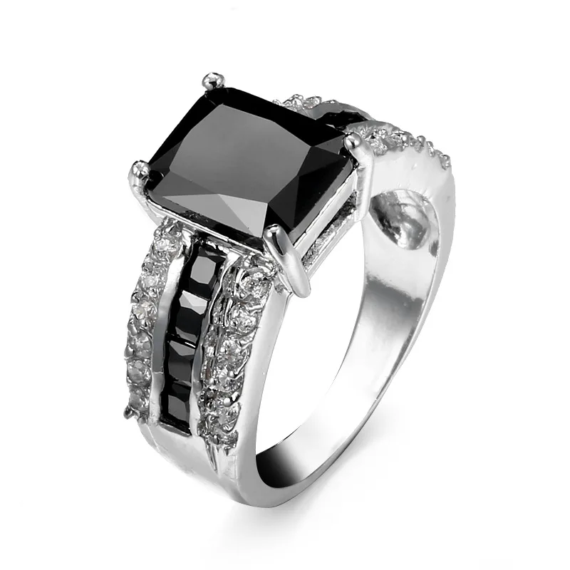 New Fashion High Quality Women Man Jewelry Fashion Silver Color Black Stone And C Zircon Finger Ring Christmas Gift