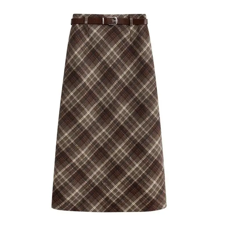Women's Khaki Plaid Woolen Long Skirt Autumn Winter Elegant Woolen High Waist Straight Skirts