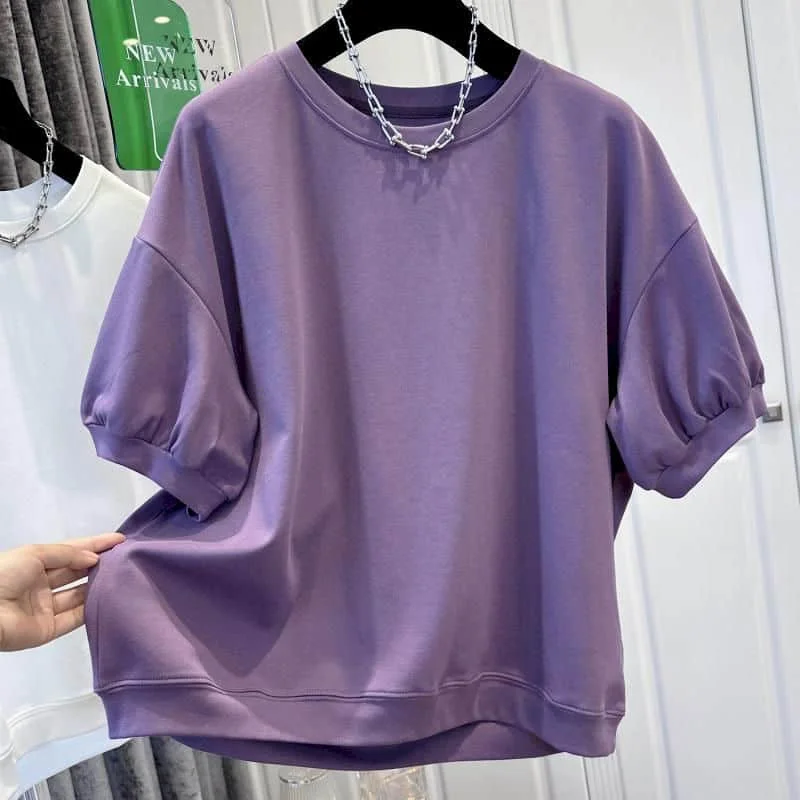 Oversized T-shirts Women 2026 Summer Aesthetic Solid Vintage O-neck Tops Casual Short Sleeve American Style Women Clothing