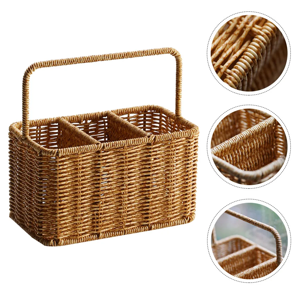 

Compact Cutlery Storage Basket Woven Utensil Organizer For Kitchen Countertop Plastic Vine Multi Compartment Silverware