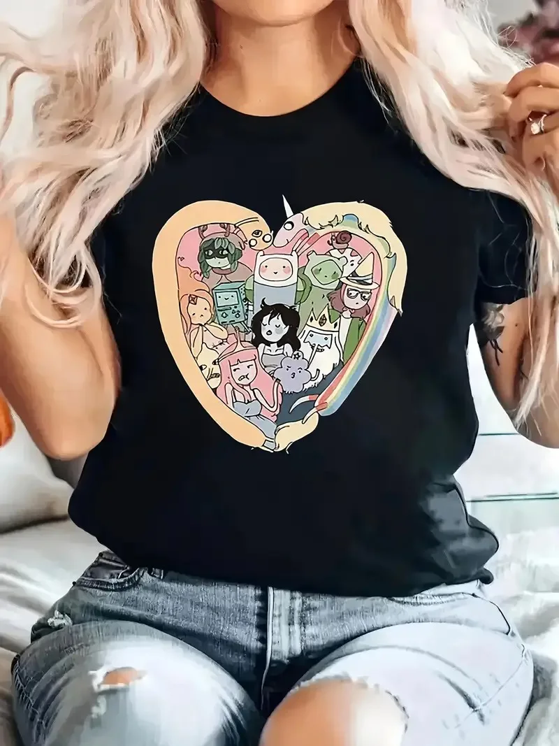 

Хлопковая футболка с рисунком «Время приключений», красочный характер, узор в виде сердца, романтический и забавный дизайн, чистый хлопок, идеально подходит для влюбленных