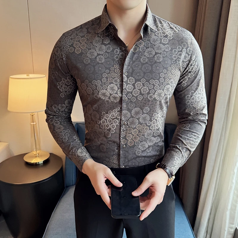 2024 Spring Flower Shirts Men High Quality Casual Business Shirt Slim Fit Long Sleeved Non-iron Shirt Social Streetwear M-4XL