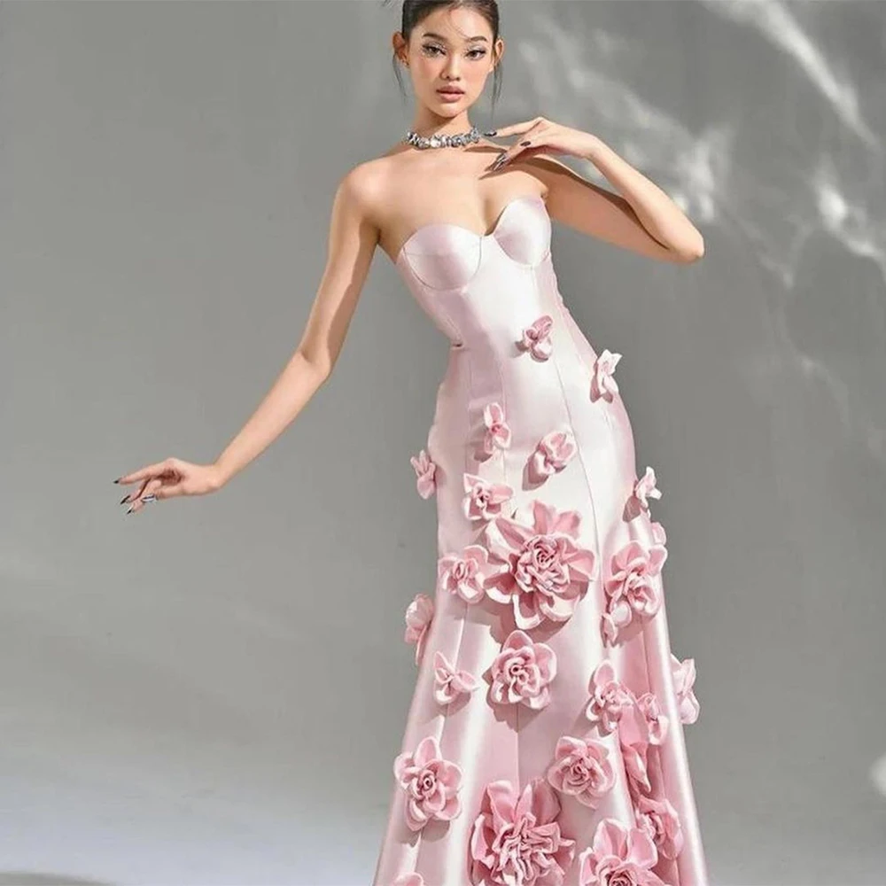 

Verngo Pink Mermaid Fairy Evening Prom Dress Satin Handmade 3D Flower Party Dresses Sweetheart Prom Gown فستان العيد 2024