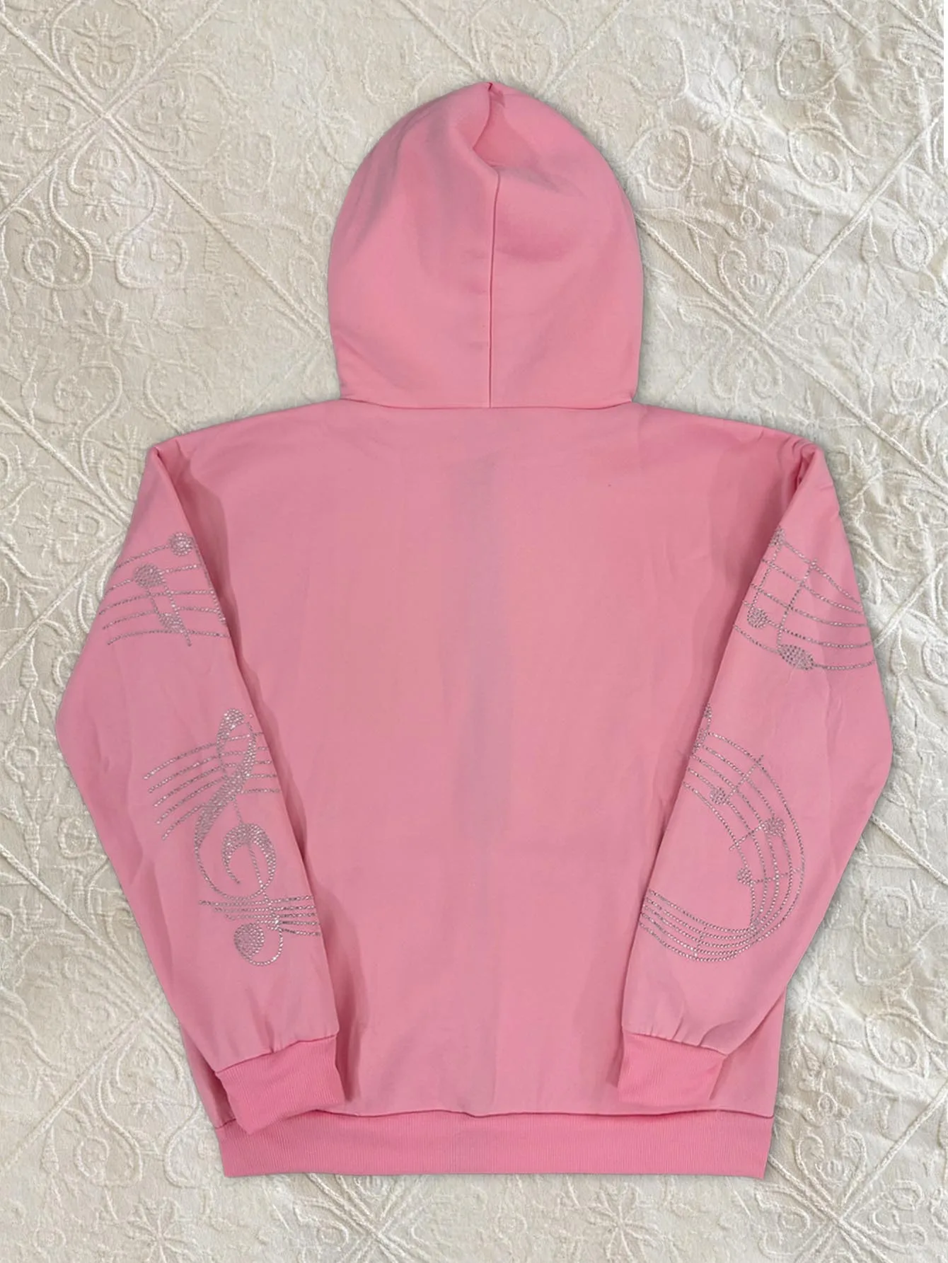 Y2K Women Faux Fur Hood Zip Up Hoodies Music Note Rhinestone Print Long Sleeve Pocket Loose Fall Winter Streetwear Jacket Coats